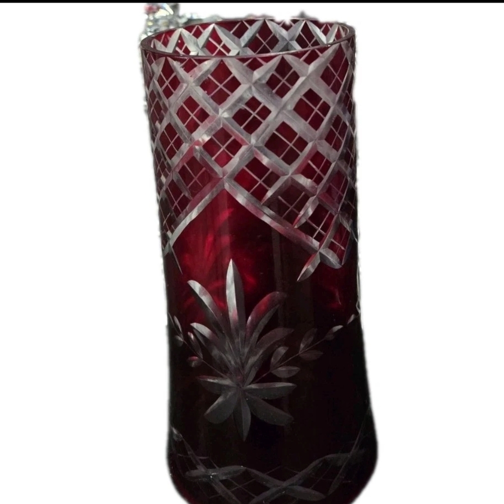 Vintage Czech Bohemian Ruby Cut To Clear Glass 7" Candle Hurricane